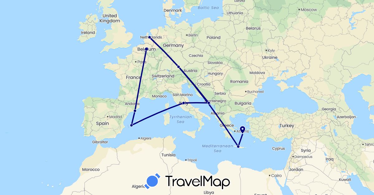 TravelMap itinerary: driving in Belgium, Germany, Spain, Greece, Croatia, Italy, Netherlands (Europe)