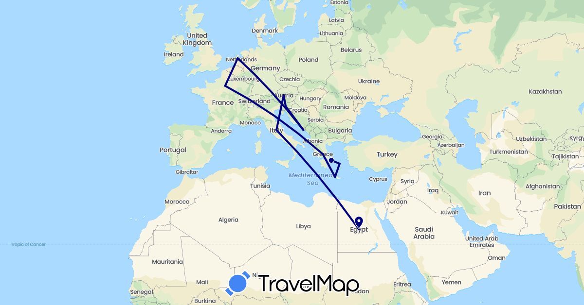 TravelMap itinerary: driving in Austria, Egypt, France, Greece, Croatia, Italy, Netherlands, Slovenia (Africa, Europe)